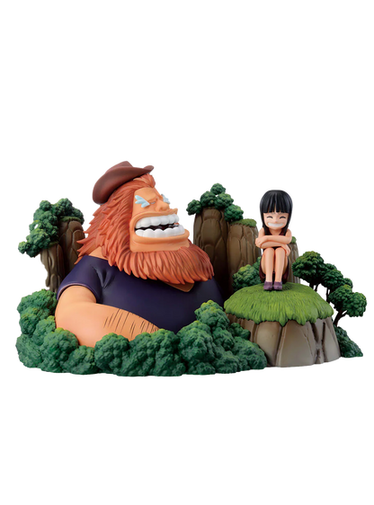 Figura da collezione Ichibansho Dramatic Memories di Robin e Saul tratta da One Piece, come mostrato nel file robin.jpg. Il diorama presenta il gigante Saul con la barba arancione che ride felice tra cespugli verdi e la piccola Nico Robin bambina seduta su una collinetta di terra e erba.
