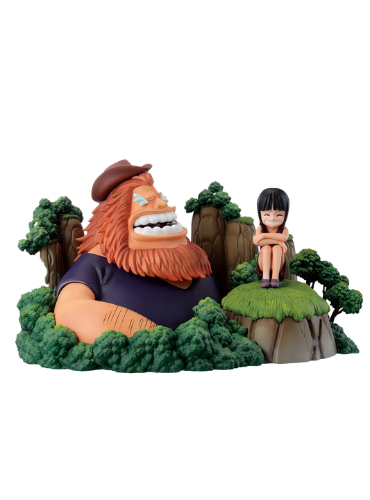 Figura da collezione Ichibansho Dramatic Memories di Robin e Saul tratta da One Piece, come mostrato nel file robin.jpg. Il diorama presenta il gigante Saul con la barba arancione che ride felice tra cespugli verdi e la piccola Nico Robin bambina seduta su una collinetta di terra e erba.
