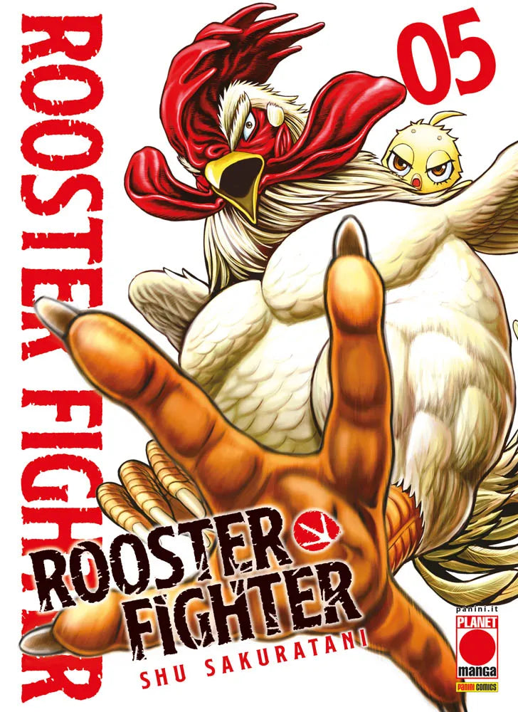 Copertina del quinto volume in italiano del manga 'Rooster Fighter' di Shu Sakuratani, edito da Planet Manga, con il gallo Keiji che allunga una zampa in primo piano e il piccolo Pioko sulla sua schiena, affiancati dal numero 05 in rosso.