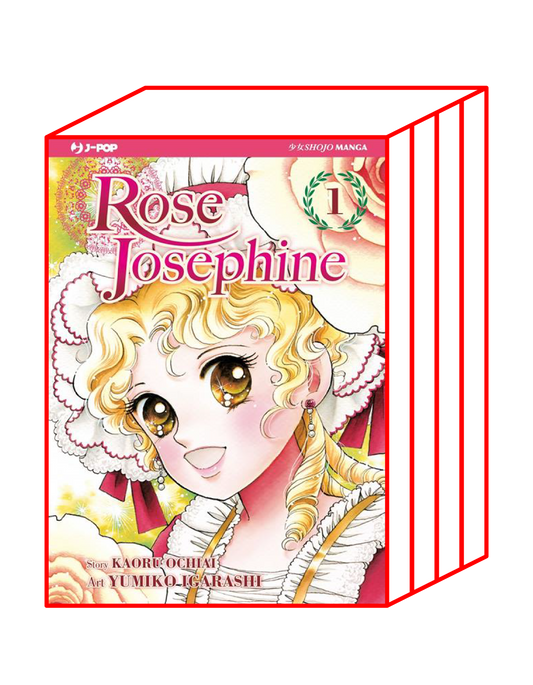 Copertina in italiano del manga 'Rose Josephine' di Kaoru Ochiai e Yumiko Igarashi, edito da J-POP Manga. L'illustrazione in classico stile shojo ritrae in primo piano una ragazza sorridente dai biondi capelli boccolosi e grandi occhi espressivi con un cappello d'epoca in pizzo, sormontata dal titolo Rose Josephine e dal logo J-POP Manga in alto a destra.