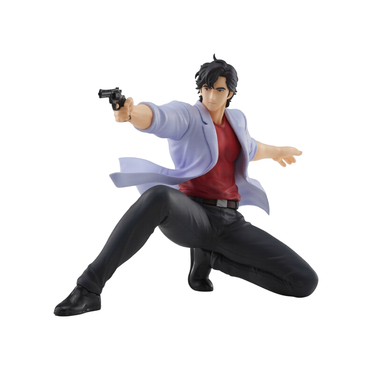 Statua da collezione Noodle Stopper Figure di Ryo Saeba prodotta da FuRyu per City Hunter su sfondo nero. L'illustrazione ritrae Ryo Saeba in una posa d'attacco dinamica piegato sulle ginocchia mentre impugna e punta la sua pistola, indossando la classica maglietta rossa, la giacca azzurra scivolata sulle spalle e pantaloni neri.