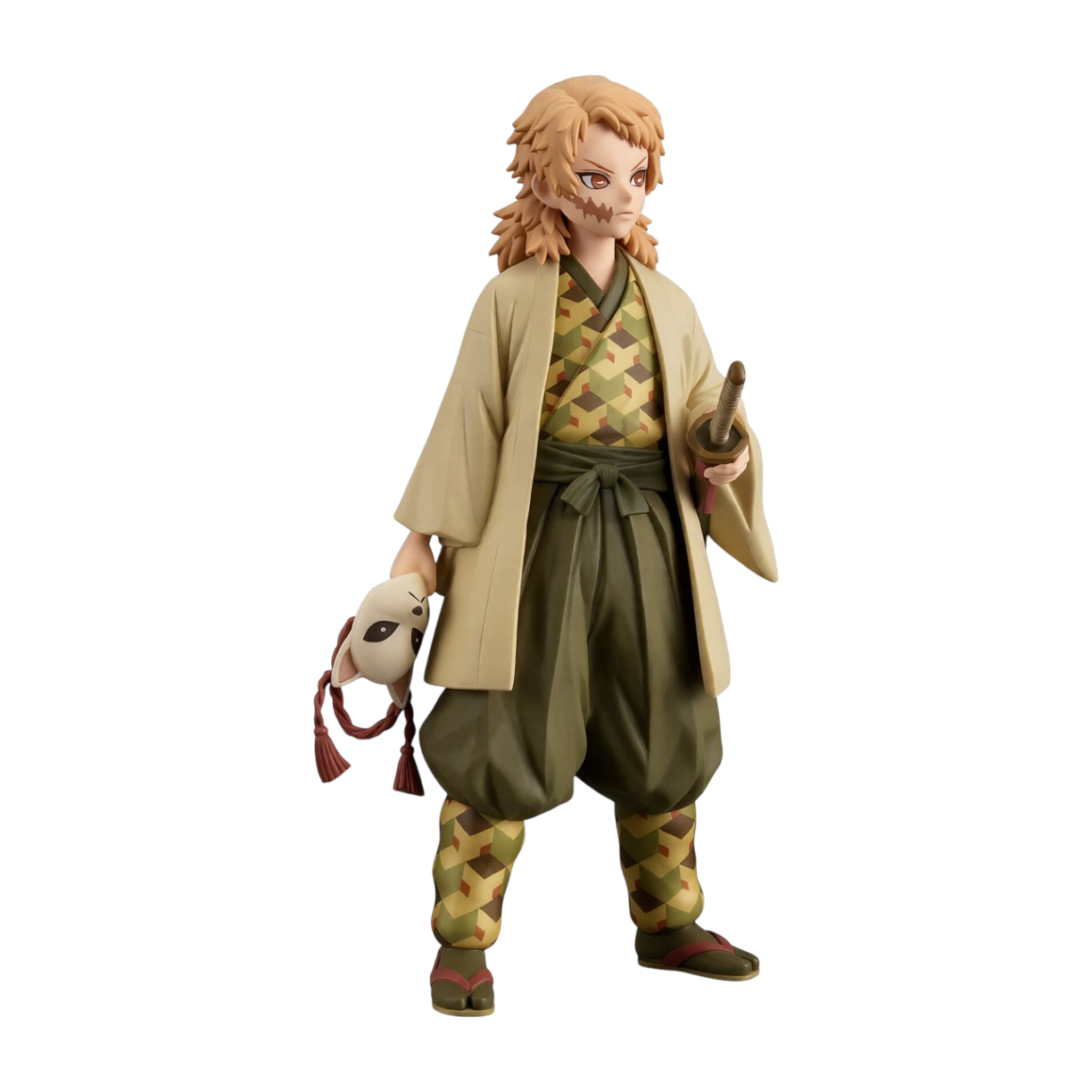 Figure da collezione in PVC di Sabito dalla serie anime 'Demon Slayer: Kimetsu no Yaiba', prodotta da Banpresto. La statuetta ritrae il giovane spaccapietre in piedi con capelli corti color pesca ondulati, cicatrice sulla guancia destra, kimono a motivi geometrici verdi e gialli sotto un haori panna, pantaloni hakama verde scuro, l'elsa della spada impugnata con la mano sinistra e la tipica maschera Kitsune da volpe tenuta nella mano destra.