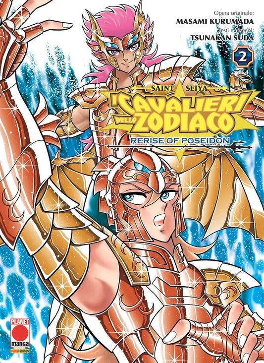 Copertina Saint Seiya: Rerise of Poseidon 2. Due guerrieri in scintillante armatura dorata (uno con capelli rosa) in posa d'azione davanti a poderose cascate d'acqua.