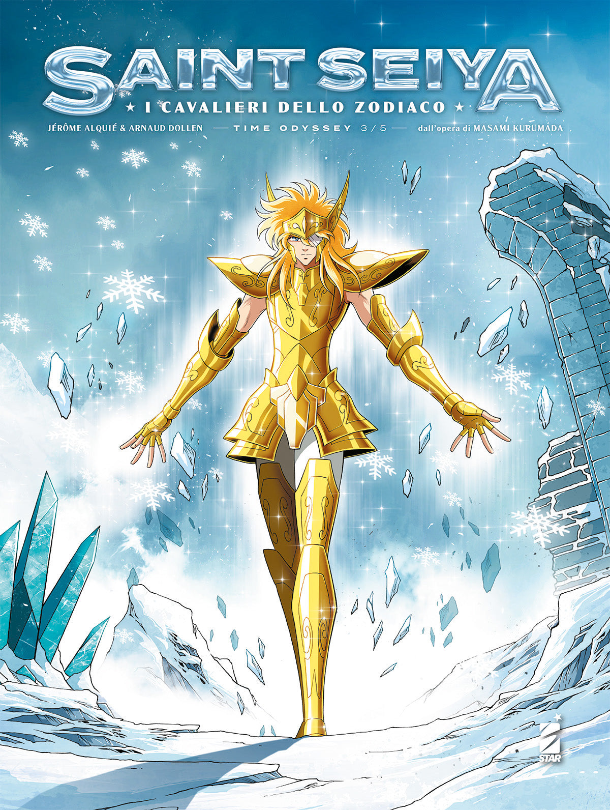 Copertina di Saint Seiya Time Odyssey 3 Collector Edition. Un Cavaliere con armatura d'oro avanza circondato da cristalli di ghiaccio.