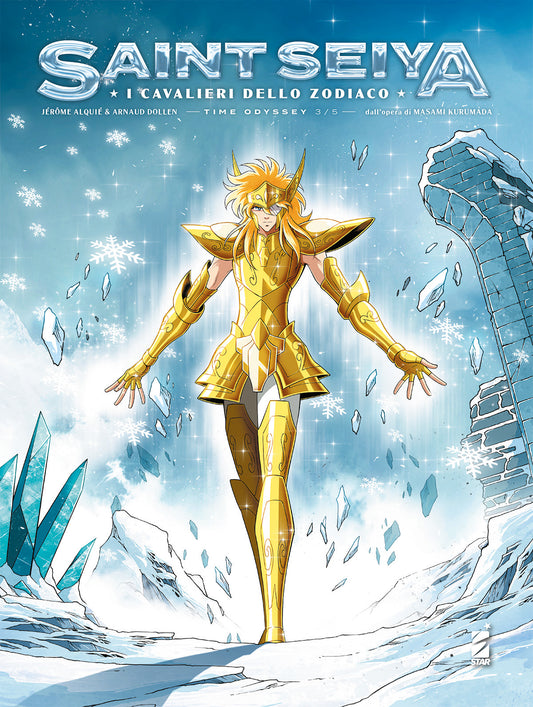Copertina di Saint Seiya Time Odyssey 3 Collector Edition. Un Cavaliere con armatura d'oro avanza circondato da cristalli di ghiaccio.