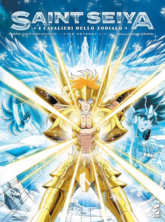 Copertina di Saint Seiya Time Odyssey 3. Hyoga in Armatura d'Oro circondato dai ghiacci esegue l'Aurora Execution.