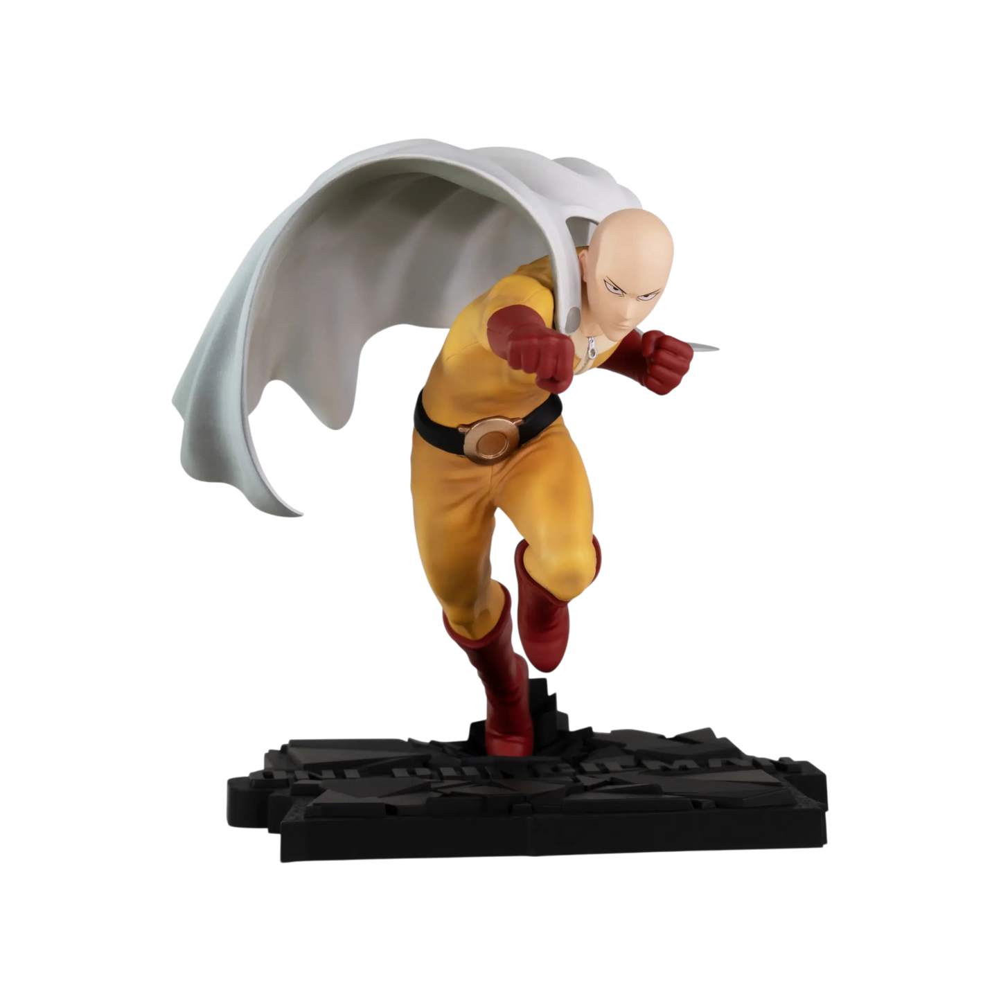 Immagine promozionale della statua in PVC di Saitama tratta dall'anime One Punch Man, prodotta da ABYstyle Studio, isolata su un profondo sfondo nero. Il personaggio, caratterizzato dalla testa calva e un'espressione concentrata, è ritratto in una posa d'azione dinamica, proteso in avanti in piena corsa con il braccio destro caricato all'indietro per sferrare un pugno. Indossa la sua divisa da eroe: una tuta gialla, guanti rossi, stivali rossi e un grande mantello bianco che si solleva ad arco dietro di lui