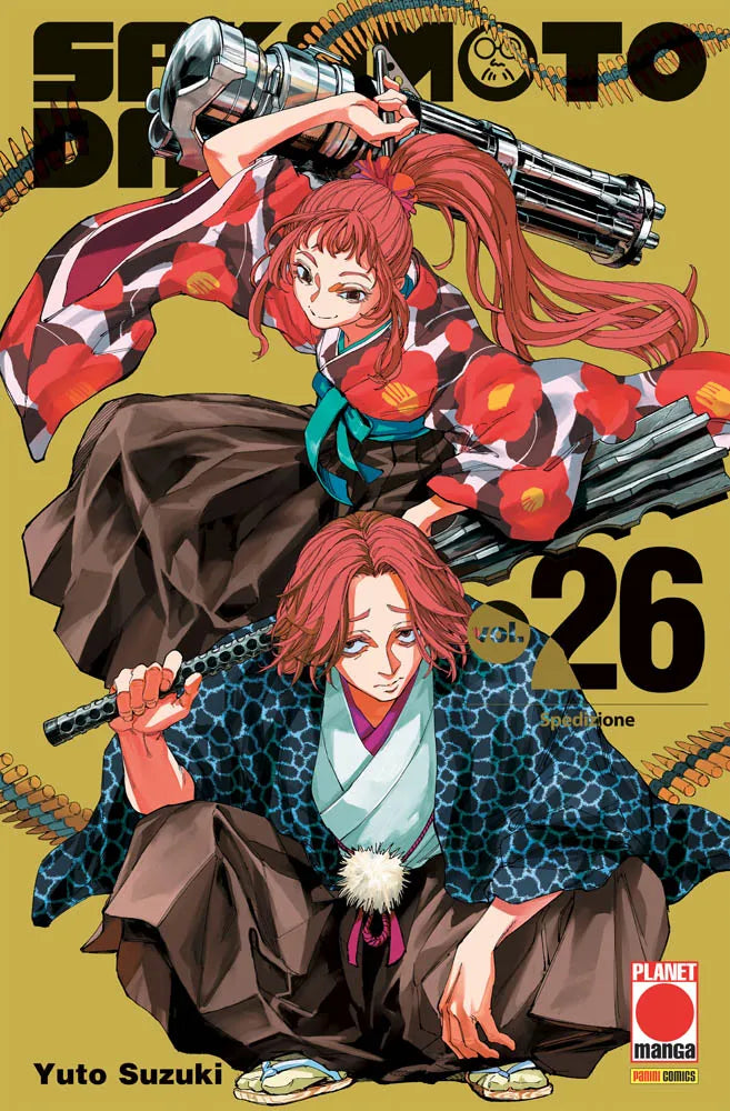 Copertina del ventiseiesimo volume del manga 'Sakamoto Days' di Yuto Suzuki, edito da Panini Planet Manga. L'illustrazione su sfondo dorato ritrae due personaggi in abiti tradizionali giapponesi kimoni con armi da fuoco pesanti: Lu Shaotang in alto con capelli rossi legati a coda di cavallo che imbraccia un mitragliatore Gatling e un altro ragazzo accucciato in basso, affiancati dal numero 26 e dal logo Planet Manga.
