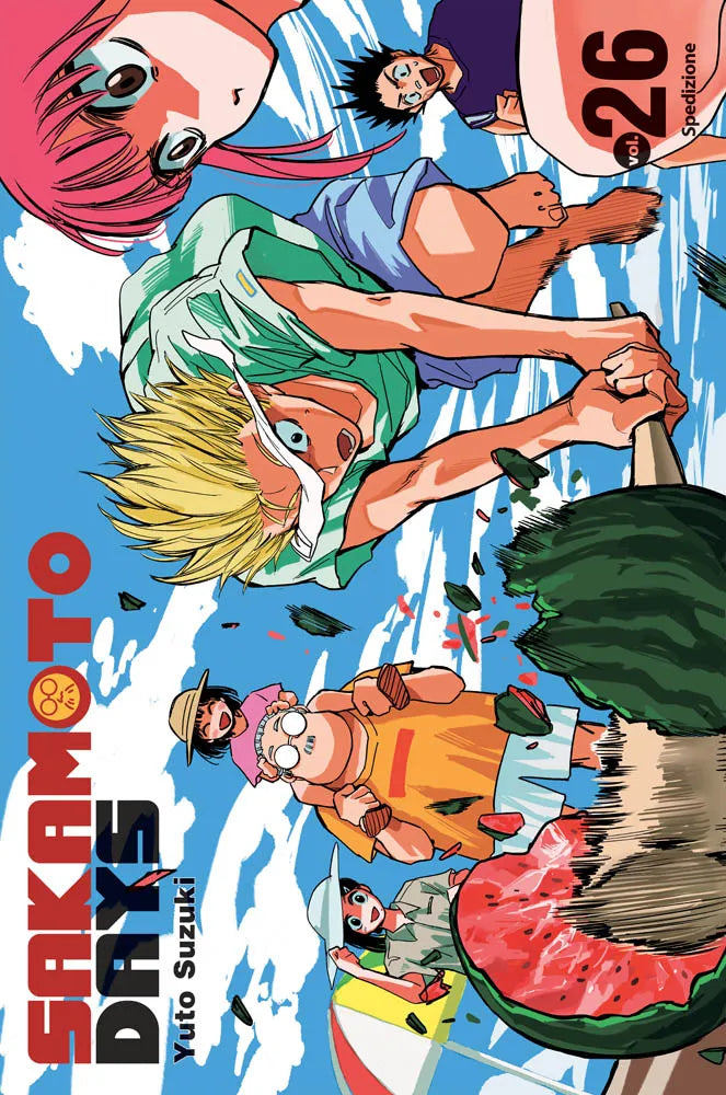 Copertina Variant del ventiseiesimo volume del manga 'Sakamoto Days' di Yuto Suzuki, edito da Panini Planet Manga. L'illustrazione estiva ritrae in primo piano Shin con maglia verde che spacca una anguria con un bastone, circondato da Lu Shaotang con capelli rosa, Taro Sakamoto con la figlia Hana sulle spalle, Aoi con cappello da sole ed Heisuke sotto un cielo azzurro, con il logo della serie a sinistra e il numero 26 in alto a destra.