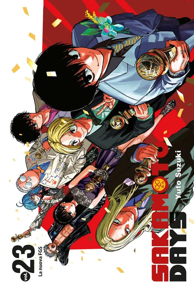 Copertina Variant del manga Sakamoto Days Vol. 23; su sfondo rosso, Taro Sakamoto e gli altri personaggi principali (Shin, Lu, ecc.) indossano abiti eleganti e smoking, sorridendo mentre reggono dei trofei d'oro sotto una pioggia di coriandoli.