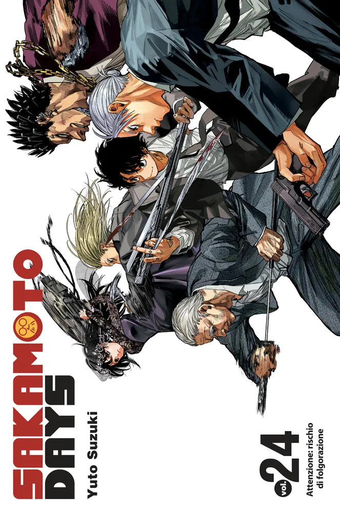 Copertina Variant del manga Sakamoto Days volume 24. Un gruppo di sicari e combattenti in abiti eleganti e posizioni dinamiche impugnano armi diverse.