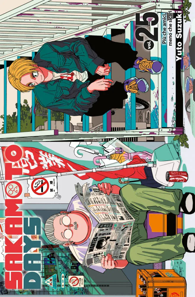 Copertina dell'edizione variant del manga Sakamoto Days volume 25. L'illustrazione, ruotata di 90 gradi, mostra in una metà Taro Sakamoto con gli occhiali mentre legge un giornale con un avviso di cattura, e nell'altra metà il giovane Shin con i capelli biondi e una giacca verde seduto su delle scale metalliche.