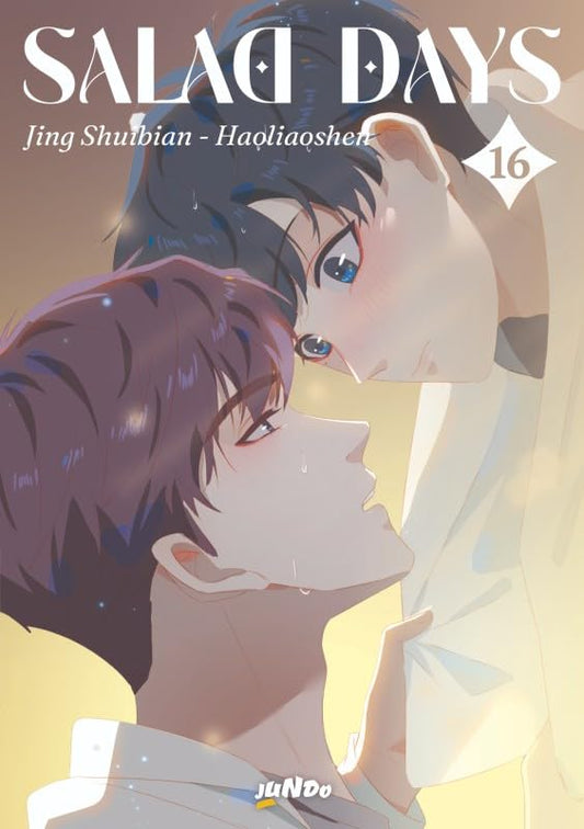 Copertina del sedicesimo volume del manhua Boys' Love Salad Days, che mostra un primo piano ravvicinato e intimo dei due protagonisti: un ragazzo con capelli scuri guarda teneramente l'altro giovane con capelli castani, sfiorandogli il volto, il tutto immerso in una luce calda e dorata.