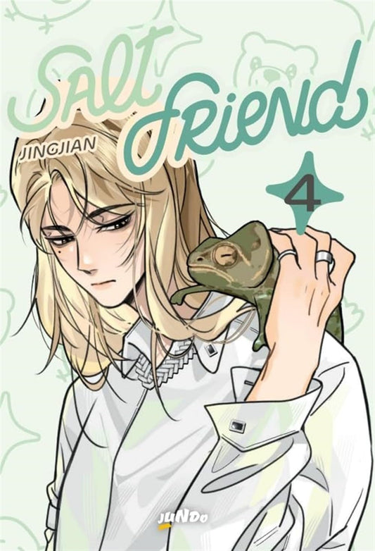 Copertina del manhua Salt Friend volume 4. Un personaggio dai lunghi capelli biondi e dall'espressione seria e malinconica guarda verso il basso mentre regge un camaleonte verde sulla mano, su uno sfondo verde chiaro con disegni stilizzati.