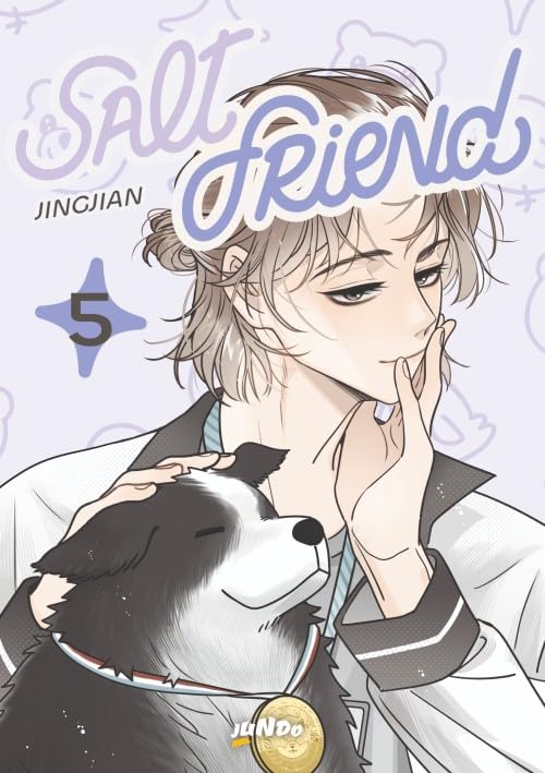 Copertina del manhua Salt Friend volume 5. Un ragazzo dai capelli chiari e mossi sorride dolcemente portando una mano al mento, mentre con l'altra accarezza un cane border collie bianco e nero che indossa una medaglia d'oro, su sfondo lilla.