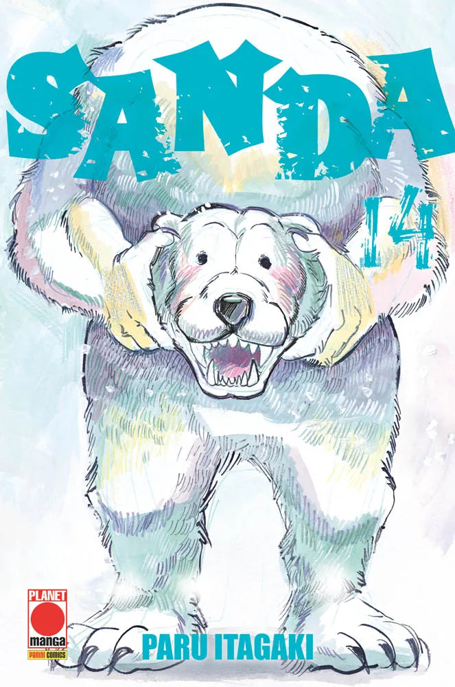 Copertina del manga Sanda volume 14. Un'illustrazione in stile acquerello mostra un imponente corpo antropomorfo da orso polare bianco che tiene tra le zampe, all'altezza del collo, una testa ruggente dello stesso animale. In alto campeggia il titolo SANDA in lettere azzurre dal design spezzato, affiancato dal numero 14 sulla destra.