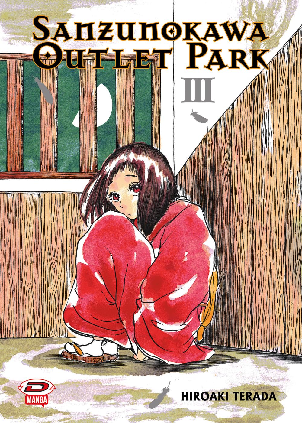 Copertina Sanzunokawa 3. Ragazza in kimono rosso rannicchiata contro una parete di legno sotto la luce di una mezza luna.