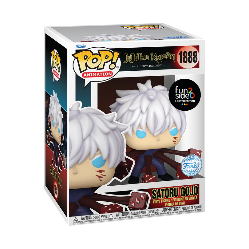 Il Funko POP! numero 1888 di Satoru Gojo da Jujutsu Kaisen (Shibuya Incident), che mostra il personaggio con i capelli bianchi e gli occhi azzurri scoperti, mentre viene avvolto da tentacoli rossi e cubi con occhi (il Prison Realm).