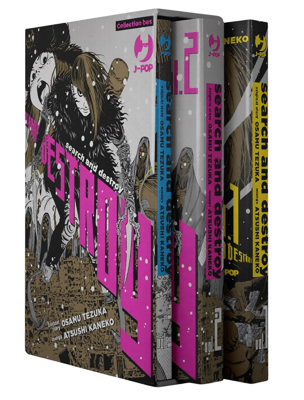 Cofanetto da collezione del manga 'Search And Destroy' Vol. 1-3 di Atsushi Kaneko e Osamu Tezuka, edito da J-POP Manga. L'illustrazione sul box ritrae Hyaku e Doro in uno stile grafico cupo e dinamico con dettagli rosa e neri.