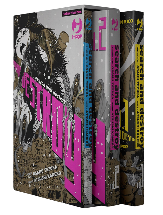 Cofanetto da collezione del manga 'Search And Destroy' Vol. 1-3 di Atsushi Kaneko e Osamu Tezuka, edito da J-POP Manga. L'illustrazione sul box ritrae Hyaku e Doro in uno stile grafico cupo e dinamico con dettagli rosa e neri.