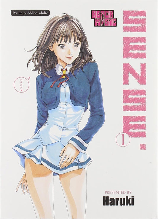 Copertina del manga Sense volume 1. Illustrazione in stile anime di una ragazza con capelli castani e divisa scolastica blu e bianca, su sfondo bianco con il titolo rosa "SENSE".