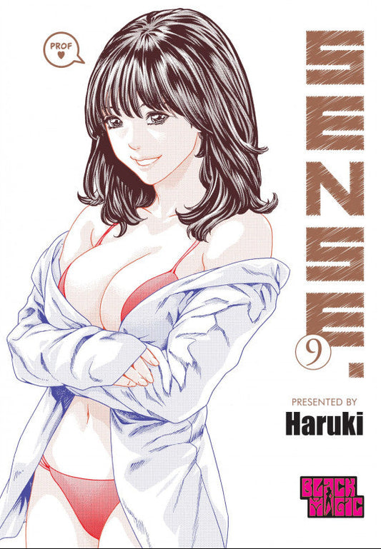 Copertina dell'edizione Variant del manga Sense Vol. 9, edito da Magic Press sotto l'etichetta Black Magic. L'illustrazione mostra, su uno sfondo completamente bianco, una giovane donna dai capelli scuri mossi fino alle spalle, con le braccia conserte e un dolce sorriso. La ragazza indossa un bikini rosso e una camicia chiara oversize sbottonata che le scivola morbidamente lungo le braccia. Accanto al suo viso è presente un piccolo fumetto rotondo con la scritta "PROF ♥". Sul lato destro della copertina cam