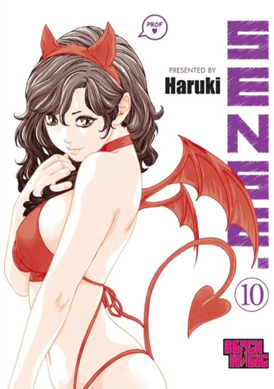 Copertina Variant del manga per adulti Sense volume 10. L'illustrazione su sfondo bianco mostra una seducente ragazza dai folti capelli scuri e mossi. Indossa un succinto bikini rosso ed è agghindata come una diavoletta, con tanto di cornette rosse sulla testa, piccole ali da pipistrello sulla schiena e una sottile coda che termina a forma di cuore. Sorride maliziosamente guardando verso lo spettatore. In alto a destra è presente un piccolo baloon con la scritta "PROF" e un cuore. Sulla destra campeggia il 