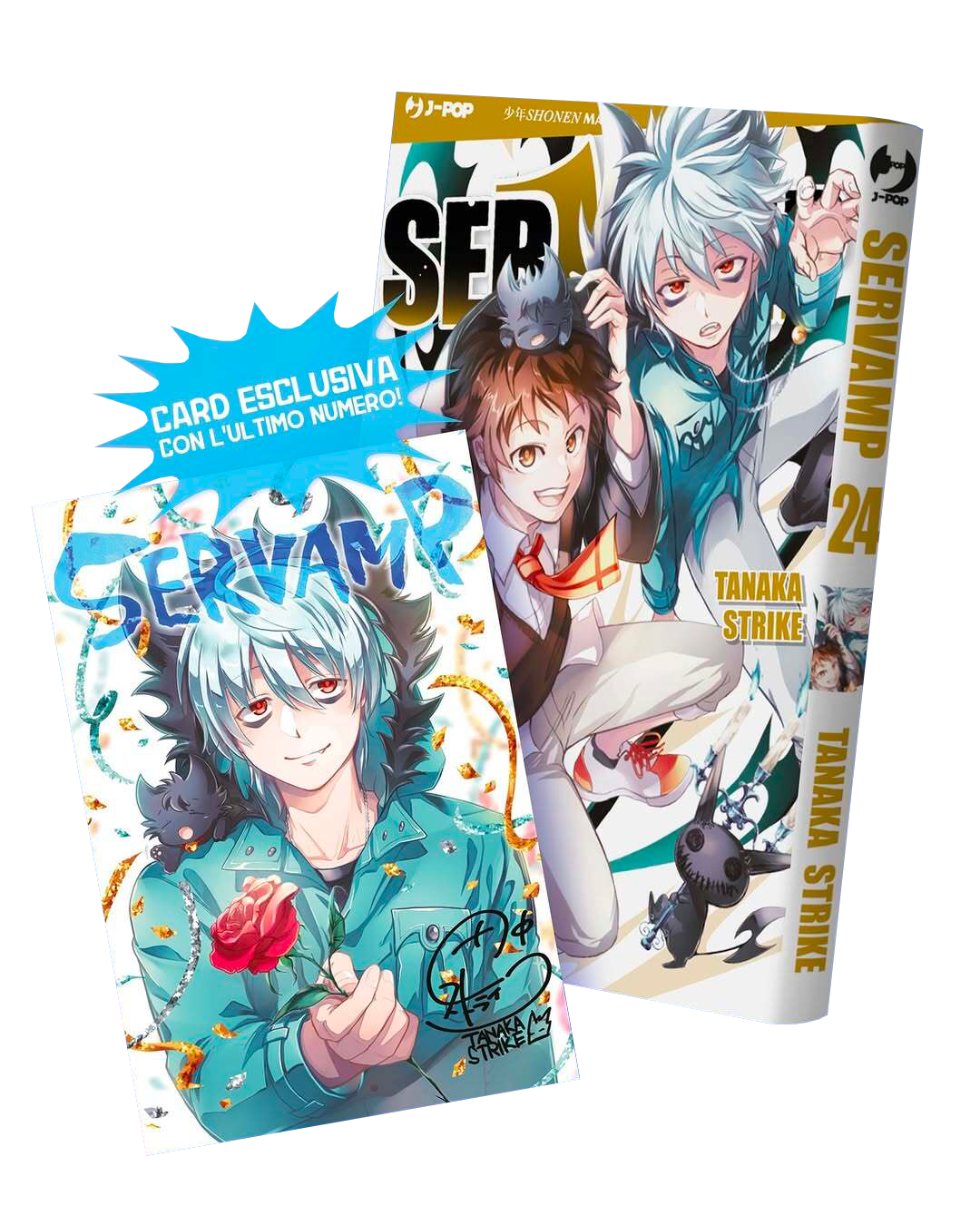 Immagine promozionale del manga Servamp Vol. 24. A destra il volume con Mahiru e Kuro in copertina; a sinistra una card esclusiva che raffigura Kuro con capelli azzurri mentre tiene in mano una rosa rossa e sorride.