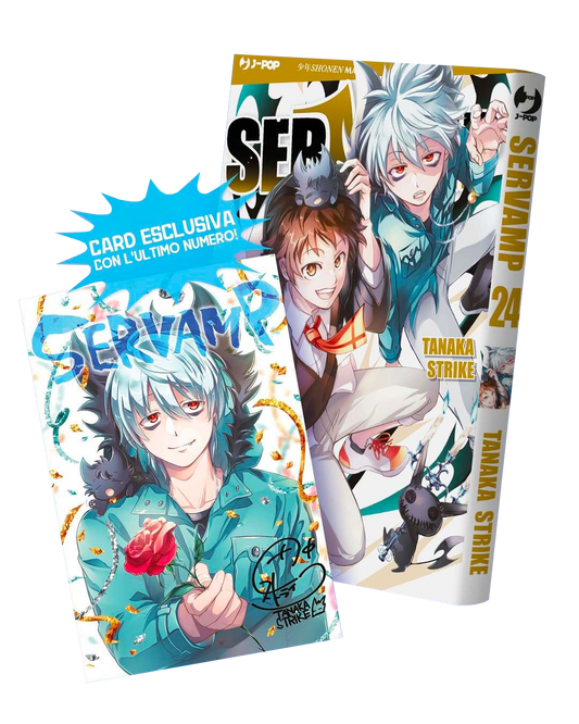 Immagine promozionale del manga Servamp Vol. 24. A destra il volume con Mahiru e Kuro in copertina; a sinistra una card esclusiva che raffigura Kuro con capelli azzurri mentre tiene in mano una rosa rossa e sorride.