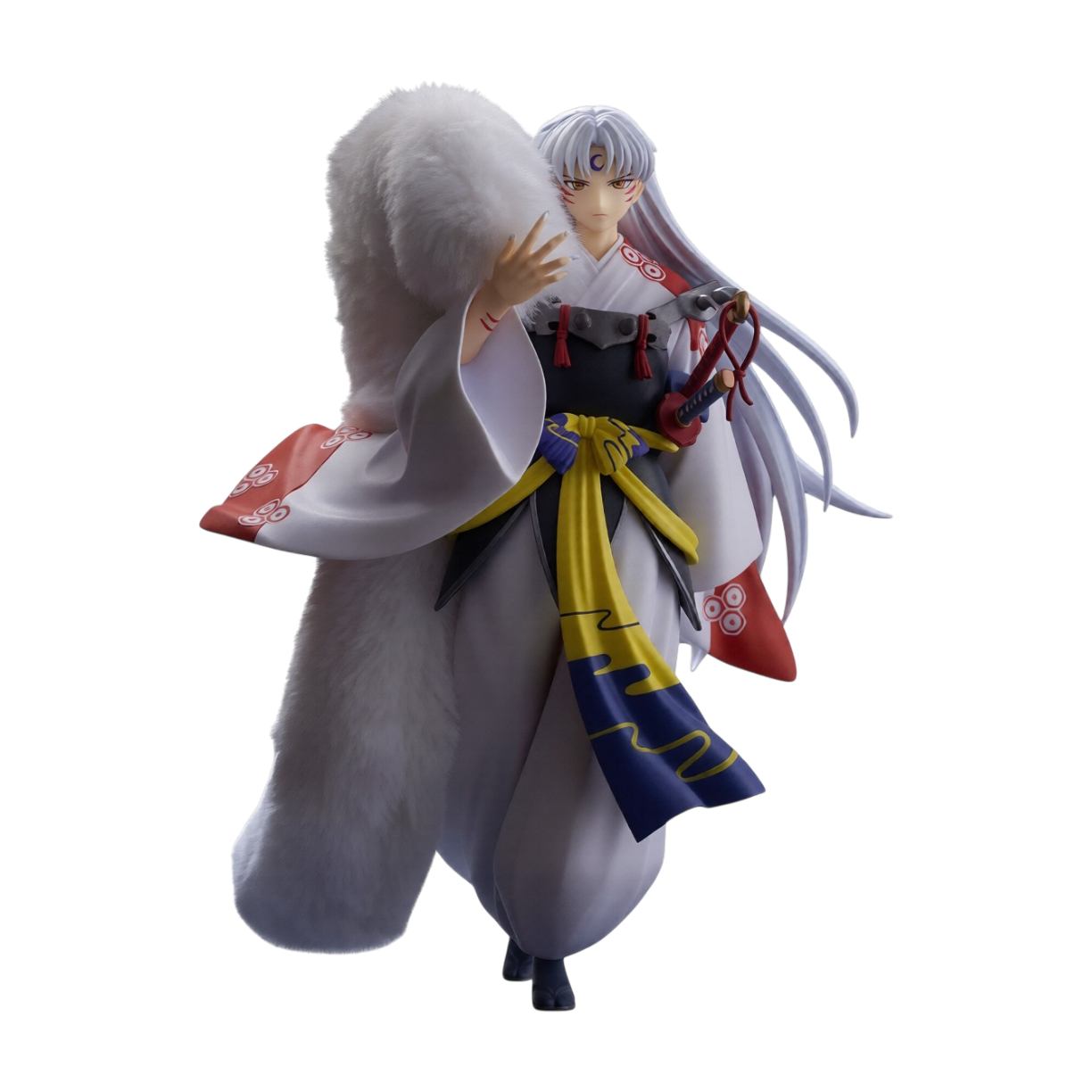 Figure da collezione di Sesshomaru dall'anime Inuyasha, realizzata da FuRyu per la linea Trio-Try-iT. L'illustrazione a figura intera mostra il demone dai lunghi capelli argentati e con la mezzaluna viola sulla fronte, vestito con un kimono bianco e rosso, fascia gialla e blu in vita, la tipica pelliccia bianca sulla spalla destra e la mano poggiata sull'elsa della spada.