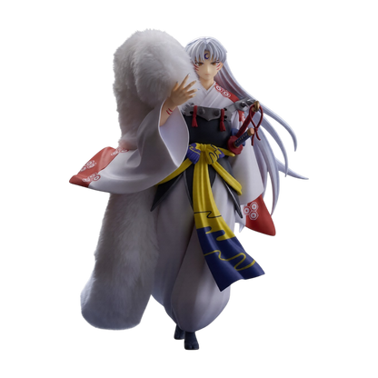 Figure da collezione di Sesshomaru dall'anime Inuyasha, realizzata da FuRyu per la linea Trio-Try-iT. L'illustrazione a figura intera mostra il demone dai lunghi capelli argentati e con la mezzaluna viola sulla fronte, vestito con un kimono bianco e rosso, fascia gialla e blu in vita, la tipica pelliccia bianca sulla spalla destra e la mano poggiata sull'elsa della spada.