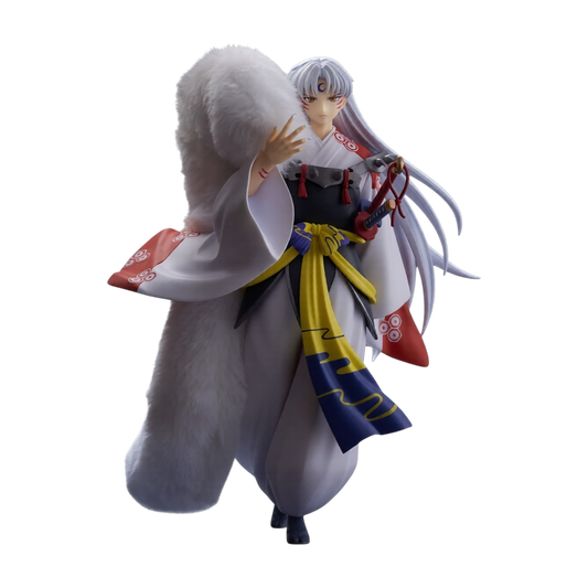Figure da collezione di Sesshomaru dall'anime Inuyasha, realizzata da FuRyu per la linea Trio-Try-iT. L'illustrazione a figura intera mostra il demone dai lunghi capelli argentati e con la mezzaluna viola sulla fronte, vestito con un kimono bianco e rosso, fascia gialla e blu in vita, la tipica pelliccia bianca sulla spalla destra e la mano poggiata sull'elsa della spada.