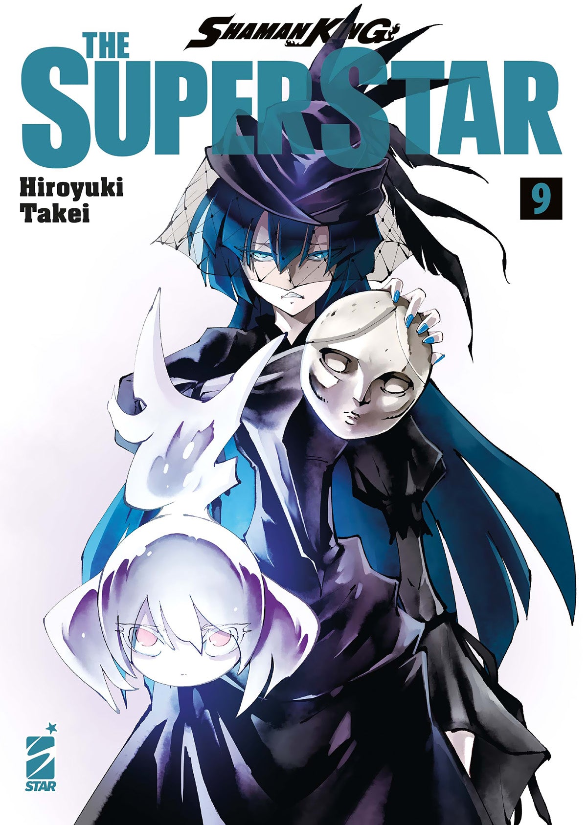 Copertina del manga "Shaman King The Superstar Vol. 9" (Star Comics). Una sciamana dai lunghi capelli blu indossa un abito e un velo nero, tenendo una maschera bianca accanto a uno spirito etereo luminoso.