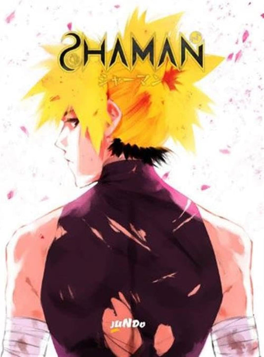 Copertina di Shaman vol. 2. Un ragazzo biondo di spalle con vestiti lacerati tra petali rosa cadenti.