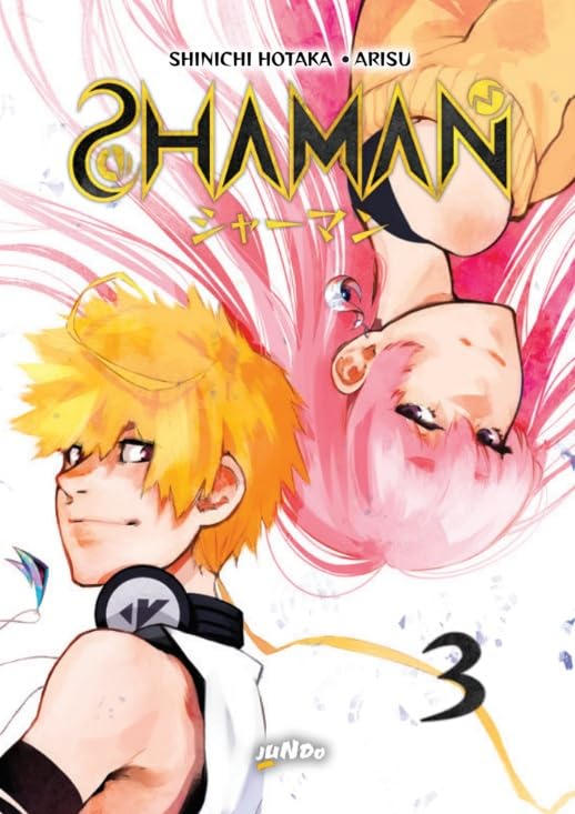 Copertina di Shaman vol. 3. Primo piano di un ragazzo biondo sorridente e una ragazza con lunghi capelli rosa a testa in giù.