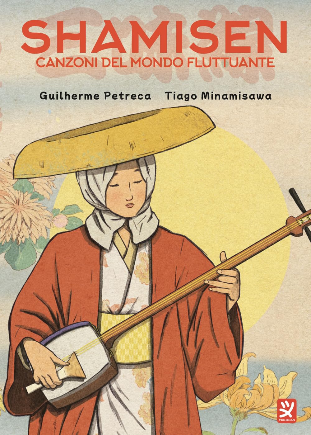 Copertina del manga Shamisen. Canzoni del mondo fluttuante di Guilherme Petreca e Tiago Minamisawa, che ritrae la musicista Haru con il suo shamisen.