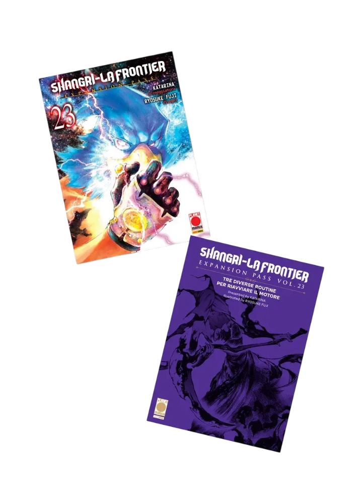 Copertina del ventitreesimo volume del manga Shangri-La Frontier Expansion Pass, raffigurante il volume di gioco con il protagonista Sunraku in primo piano e, in basso a destra, l'esclusivo booklet viola intitolato Tre diverse routine per riavviare il motore.