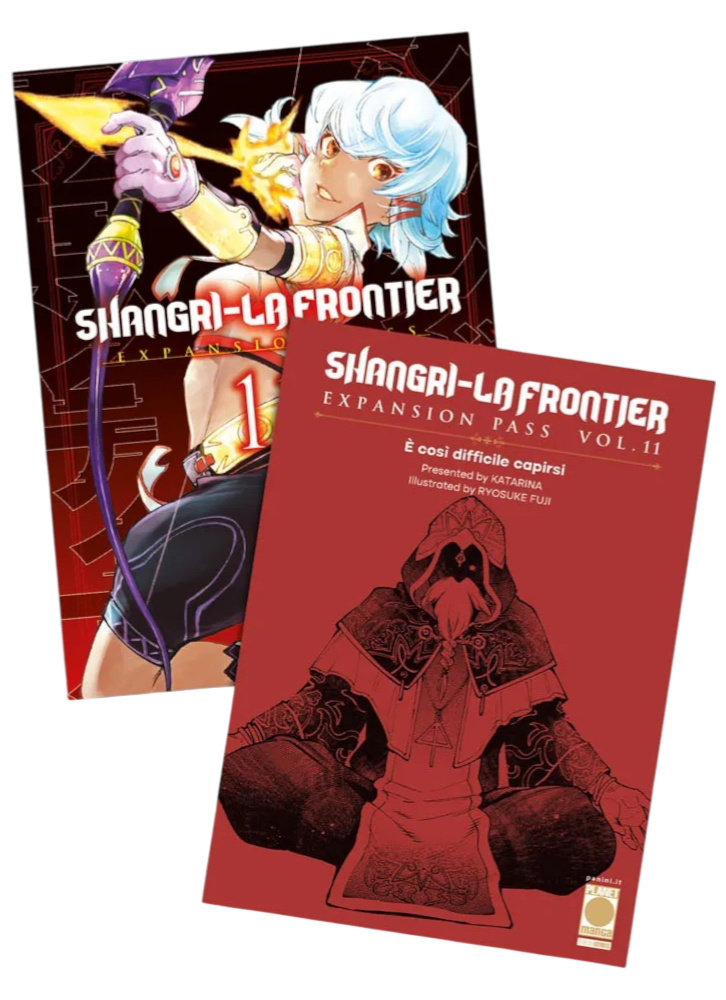 Immagine promozionale dell'edizione Expansion Pass del manga Shangri-La Frontier Vol. 11, pubblicato da Panini Planet Manga. L'immagine mostra due copertine: a sinistra si trova la variant cover del volume principale, caratterizzata da uno sfondo rosso con circuiti e linee geometriche chiare. Raffigura in primo piano un personaggio dai corti capelli azzurri e l'espressione sicura, intento a tendere un arco viola da cui sta per scoccare una freccia di energia dorata e infuocata.