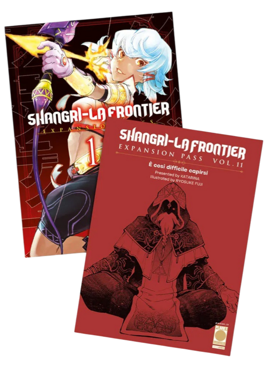 Immagine promozionale dell'edizione Expansion Pass del manga Shangri-La Frontier Vol. 11, pubblicato da Panini Planet Manga. L'immagine mostra due copertine: a sinistra si trova la variant cover del volume principale, caratterizzata da uno sfondo rosso con circuiti e linee geometriche chiare. Raffigura in primo piano un personaggio dai corti capelli azzurri e l'espressione sicura, intento a tendere un arco viola da cui sta per scoccare una freccia di energia dorata e infuocata.