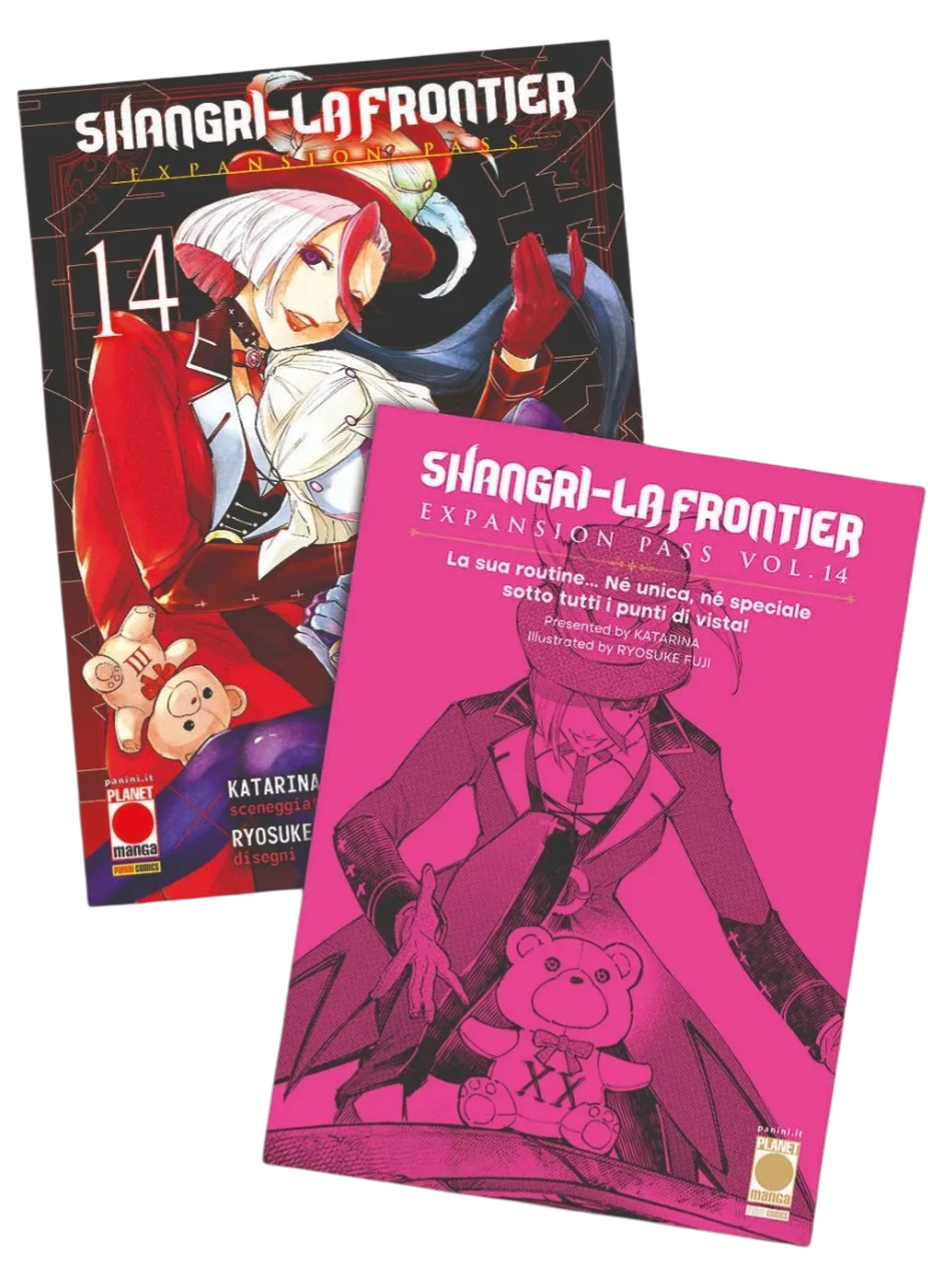 Copertine di Shangri-La Frontier Vol. 14 Expansion Pass (Planet Manga). A sinistra la variant cover con un personaggio in abito rosso; a destra il booklet rosa con un orsetto di peluche.