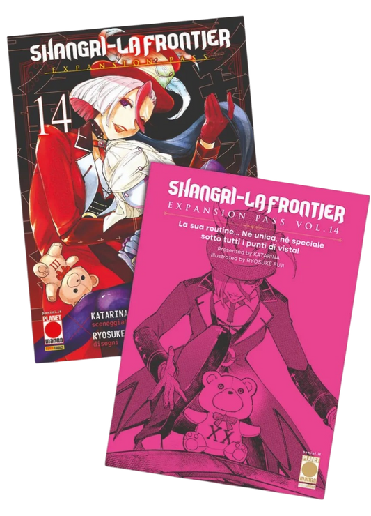 Copertine di Shangri-La Frontier Vol. 14 Expansion Pass (Planet Manga). A sinistra la variant cover con un personaggio in abito rosso; a destra il booklet rosa con un orsetto di peluche.