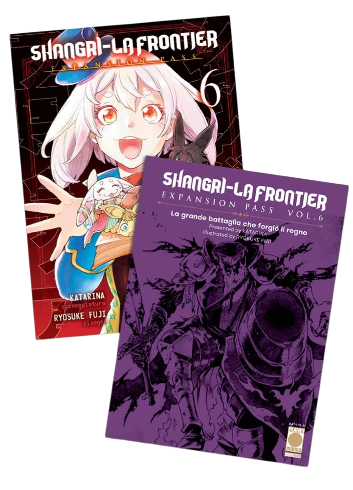 Copertine di Shangri-La Frontier Vol. 6 Expansion Pass. A sinistra la variant cover con una ragazza sorridente dai capelli rosa e un cappellino blu; a destra il booklet viola con un'illustrazione oscura di un cavaliere.