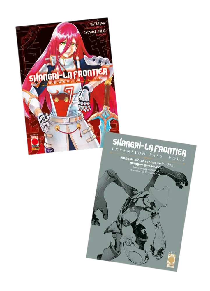 Copertine di Shangri-La Frontier Vol. 7 Expansion Pass. A sinistra la variant cover con una guerriera dai capelli rossi e armatura bianca; a destra il booklet grigio con un'illustrazione meccanica.