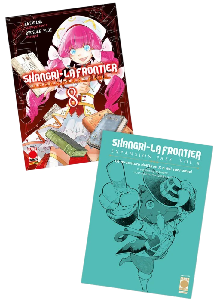 Copertine di Shangri-La Frontier Vol. 8 Expansion Pass. A sinistra la variant cover con una ragazza dai capelli rosa circondata da libri; a destra il booklet color ottanio con un gatto antropomorfo con cappello.