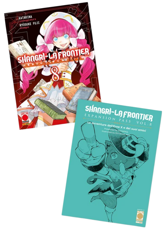 Copertine di Shangri-La Frontier Vol. 8 Expansion Pass. A sinistra la variant cover con una ragazza dai capelli rosa circondata da libri; a destra il booklet color ottanio con un gatto antropomorfo con cappello.
