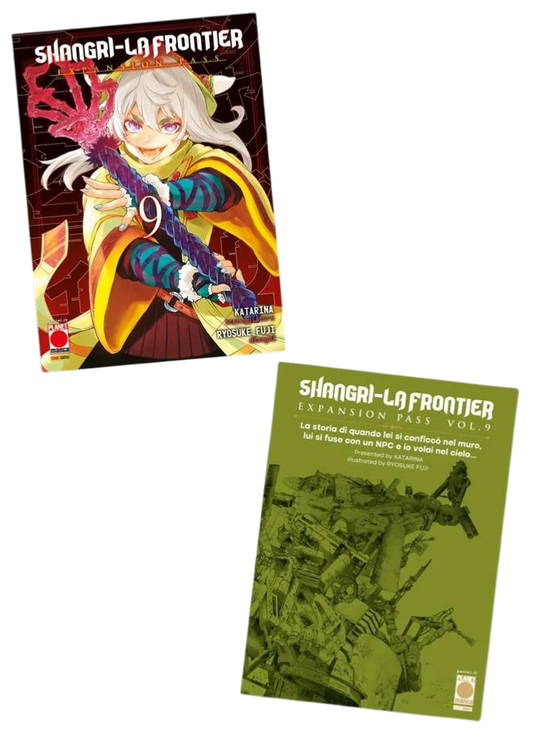 Immagine promozionale dell'edizione Expansion Pass del manga Shangri-La Frontier Vol. 9, edito da Panini Planet Manga. Sono mostrate due copertine. In alto a sinistra c'è il volume principale con sfondo rosso scuro e motivi geometrici: in primo piano spicca un personaggio sorridente dai capelli bianchi, vestito con un mantello giallo e verde, che impugna a due mani un intricato bastone viola e rosso. In basso a destra è visibile la copertina del booklet esclusivo, caratterizzata da uno sfondo verde oliva.