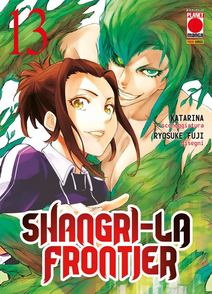 Copertina del manga Shangri-La Frontier Vol. 13, edito da Panini Planet Manga. L'illustrazione mostra in primo piano una ragazza dai capelli castani raccolti all'indietro e grandi occhi dorati, che sorride sicura di sé puntando l'indice in avanti verso lo spettatore. La giovane indossa una divisa sportiva scura, blu violaceo, con colletto e rifiniture bianche. Dietro di lei incombe una figura femminile dai tratti selvaggi, caratterizzata da lunghi e fluenti capelli verdi simili a liane, penetranti occhi ver
