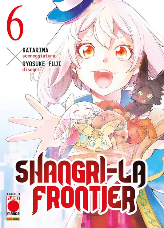 Copertina del manga Shangri-La Frontier Vol. 6, edito da Panini Planet Manga. L'illustrazione gioiosa e luminosa mostra in primo piano una ragazza sorridente dai capelli rosa chiaro, che indossa un piccolo e buffo cappello a cilindro blu. La giovane protende una mano in avanti e regge un grande libro aperto dal quale sembrano emergere tre adorabili e piccole creature dalle orecchie lunghe, simili a coniglietti fantastici di diversi colori. Nella metà inferiore dell'immagine spicca il grande titolo "SHANGRI-