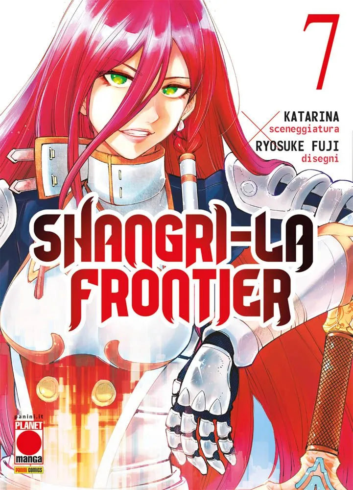 Copertina del manga Shangri-La Frontier Vol. 7, edito da Panini Planet Manga. L'illustrazione mostra in primo piano una figura femminile dai lunghi capelli rossi e penetranti occhi verdi, che sfoggia un sorriso affascinante e sicuro di sé. La ragazza indossa un'elaborata armatura da cavaliere bianca, impreziosita da dettagli rossi e dorati, e appoggia la mano corazzata sull'elsa finemente decorata di una spada. Al centro dell'immagine campeggia il grande titolo "SHANGRI-LA FRONTIER" a lettere bianche con om