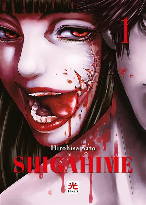 Copertina del manga horror Shigahime volume 1. In primo piano il volto di Miwako, una ragazza con intensi occhi rossi e un sorriso inquietante che rivela zanne e una lingua bagnata di sangue. Il sangue cola lungo il collo di un ragazzo visibile parzialmente sulla destra. Il titolo "SHIGAHIME" spicca in rosso in basso, sormontato dal nome dell'autore Hirohisa Sato e dal logo Hikari.
